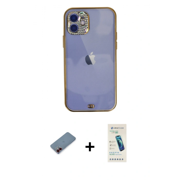 MARSİLYAN™- iPhone 12 Kılıf Eksen Minimal Koleksiyonu - Şeffaf Pasifik Cam Ekran Koruyucu + Metal Kamera Lens Koruma Cam - KI