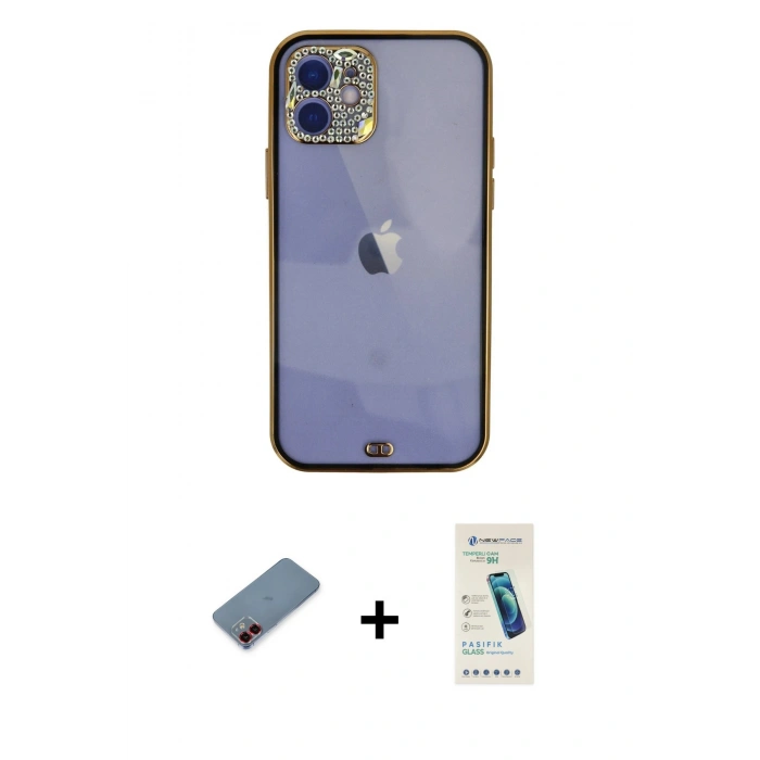 MARSİLYAN™- iPhone 12 Kılıf Eksen Minimal Koleksiyonu - Şeffaf Pasifik Cam Ekran Koruyucu + Metal Kamera Lens Koruma Cam - KI