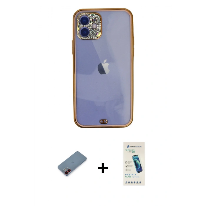 MARSİLYAN™- iPhone 12 Kılıf Eksen Minimal Koleksiyonu - Şeffaf Pasifik Cam Ekran Koruyucu + Metal Kamera Lens Koruma Cam - KI