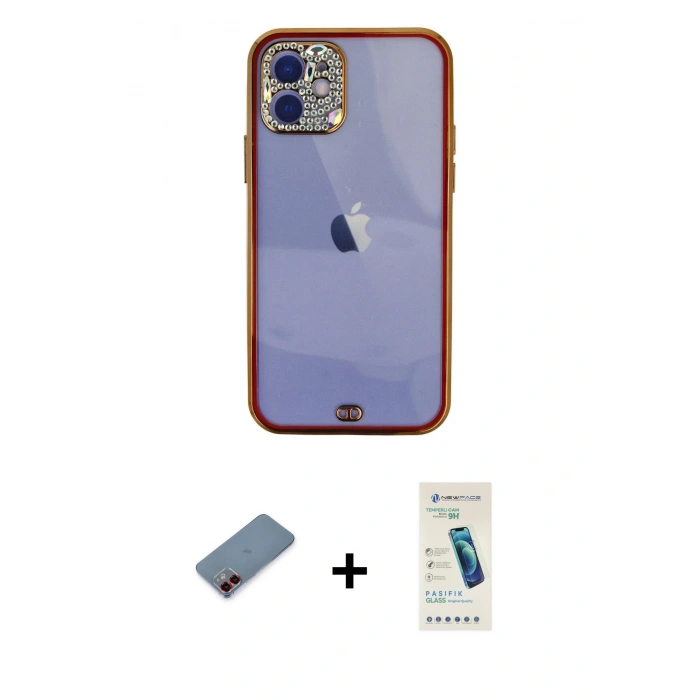 MARSİLYAN™- iPhone 12 Kılıf Eksen Minimal Koleksiyonu - Şeffaf Pasifik Cam Ekran Koruyucu + Metal Kamera Lens Koruma Cam - KI
