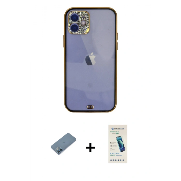 MARSİLYAN™- iPhone 12 Kılıf Eksen Minimal Koleksiyonu - Şeffaf Pasifik Cam Ekran Koruyucu + Mavi Shine Kamera Lens Koruma Cam
