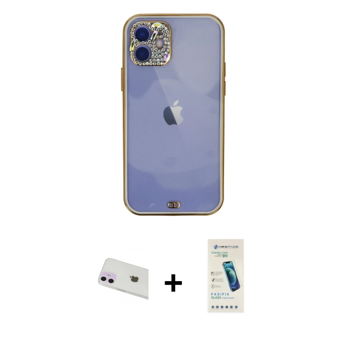 MARSİLYAN™- iPhone 12 Kılıf Eksen Minimal Koleksiyonu - Şeffaf Pasifik Cam Ekran Koruyucu + Rainbow Kamera Lens Koruma Cam - MR