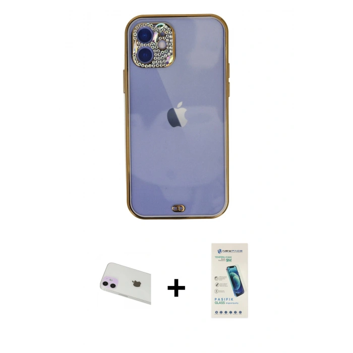 MARSİLYAN™- iPhone 12 Kılıf Eksen Minimal Koleksiyonu - Şeffaf Pasifik Cam Ekran Koruyucu + Rainbow Kamera Lens Koruma Cam - MR