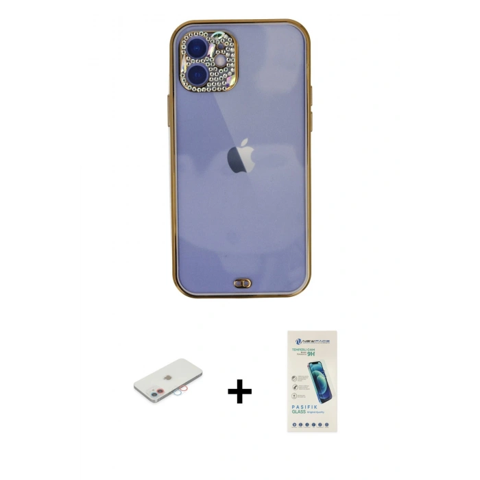 MARSİLYAN™- iPhone 12 Kılıf Eksen Minimal Koleksiyonu - Şeffaf Pasifik Cam Ekran Koruyucu + Pembe Renkli Kamera Lens Koruma Cam