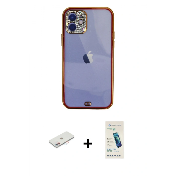 MARSİLYAN™- iPhone 12 Kılıf Eksen Minimal Koleksiyonu - Şeffaf Pasifik Cam Ekran Koruyucu + Pembe Renkli Kamera Lens Koruma Cam