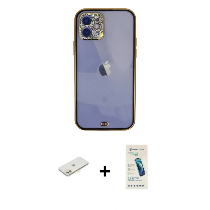 MARSİLYAN™- iPhone 12 Kılıf Eksen Minimal Koleksiyonu - Şeffaf Pasifik Cam Ekran Koruyucu + Renkli Kamera Lens Koruma Cam - TU