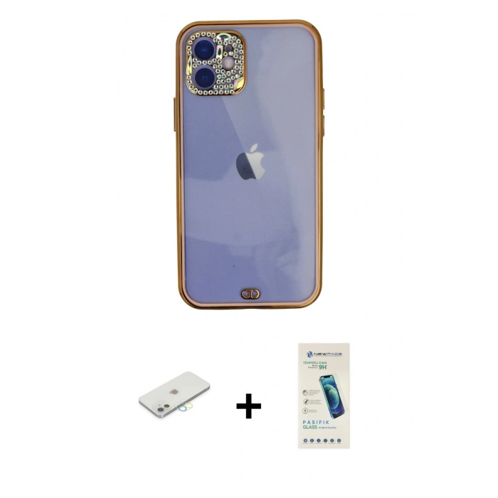 MARSİLYAN™- iPhone 12 Kılıf Eksen Minimal Koleksiyonu - Şeffaf Pasifik Cam Ekran Koruyucu + Renkli Kamera Lens Koruma Cam - SI