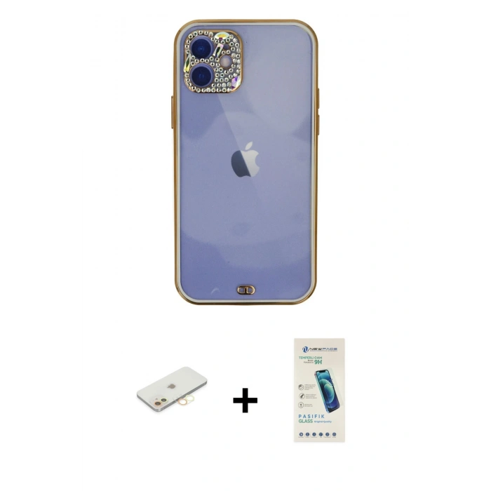 MARSİLYAN™- iPhone 12 Kılıf Eksen Minimal Koleksiyonu - Şeffaf Pasifik Cam Ekran Koruyucu + Renkli Kamera Lens Koruma Cam - SI