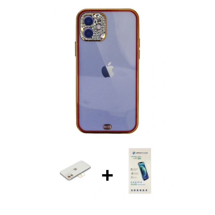 MARSİLYAN™- iPhone 12 Kılıf Eksen Minimal Koleksiyonu - Şeffaf Pasifik Cam Ekran Koruyucu + Renkli Kamera Lens Koruma Cam - SI