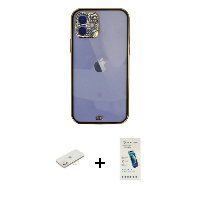 MARSİLYAN™- iPhone 12 Kılıf Eksen Minimal Koleksiyonu - Şeffaf Pasifik Cam Ekran Koruyucu + Renkli Kamera Lens Koruma Cam - SI