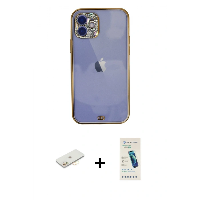 MARSİLYAN™- iPhone 12 Kılıf Eksen Minimal Koleksiyonu - Şeffaf Pasifik Cam Ekran Koruyucu + Renkli Kamera Lens Koruma Cam - SI