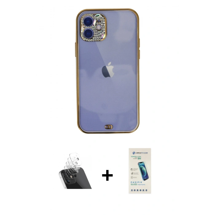MARSİLYAN™- iPhone 12 Kılıf Eksen Minimal Koleksiyonu - Şeffaf Pasifik Cam Ekran Koruyucu + Kamera Lens Koruma Cam - SF