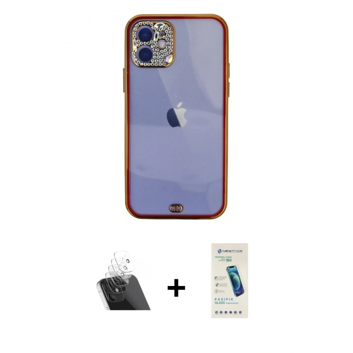 MARSİLYAN™- iPhone 12 Kılıf Eksen Minimal Koleksiyonu - Şeffaf Pasifik Cam Ekran Koruyucu + Kamera Lens Koruma Cam - SF