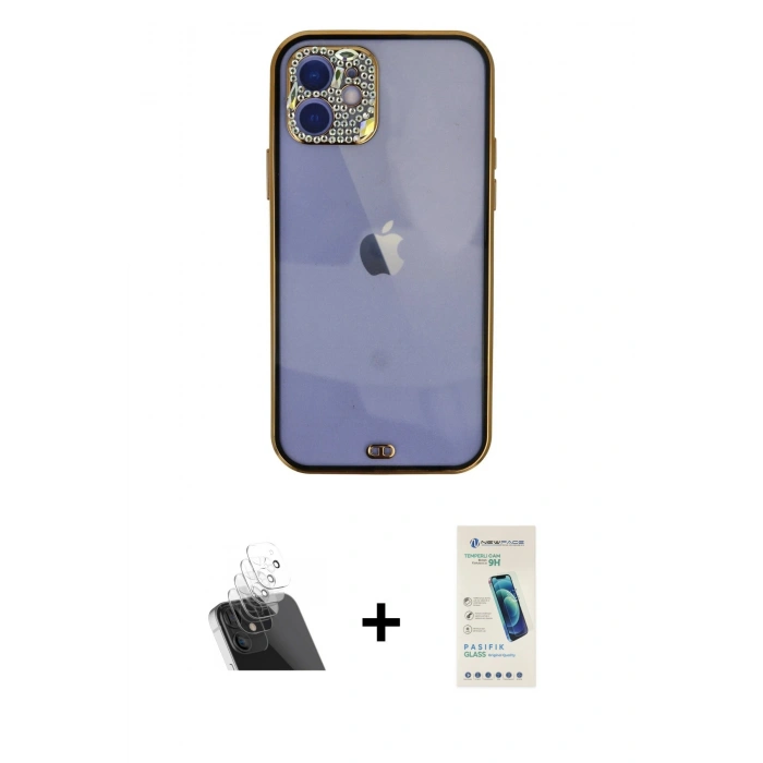 MARSİLYAN™- iPhone 12 Kılıf Eksen Minimal Koleksiyonu - Şeffaf Pasifik Cam Ekran Koruyucu + Kamera Lens Koruma Cam - SF