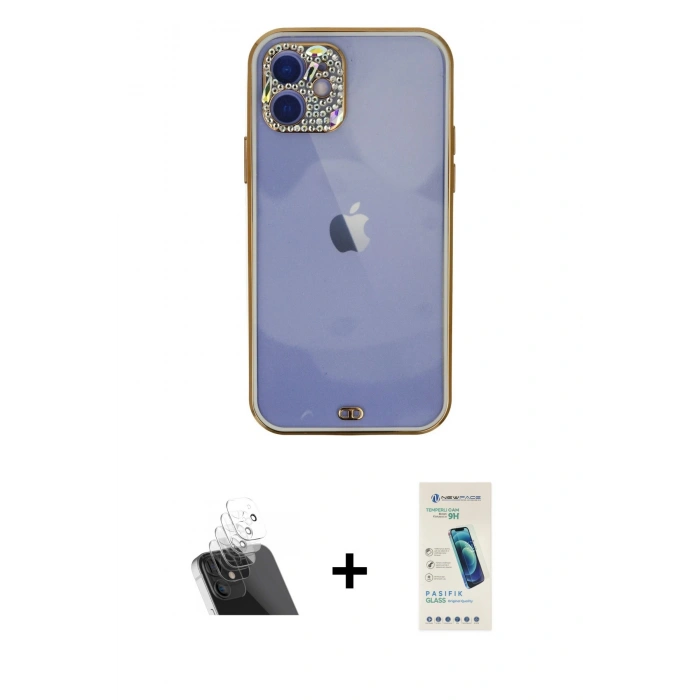 MARSİLYAN™- iPhone 12 Kılıf Eksen Minimal Koleksiyonu - Şeffaf Pasifik Cam Ekran Koruyucu + Kamera Lens Koruma Cam - SF