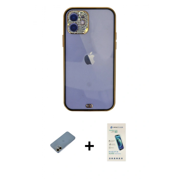 MARSİLYAN™- iPhone 12 Kılıf Eksen Minimal Koleksiyonu - Şeffaf Pasifik Cam Ekran Koruyucu + Shine Kamera Lens Koruma Cam - GD