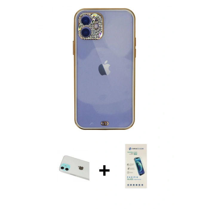 MARSİLYAN™- iPhone 12 Kılıf Eksen Minimal Koleksiyonu - Şeffaf Pasifik Cam Ekran Koruyucu + Rainbow Kamera Lens Koruma Cam - YL