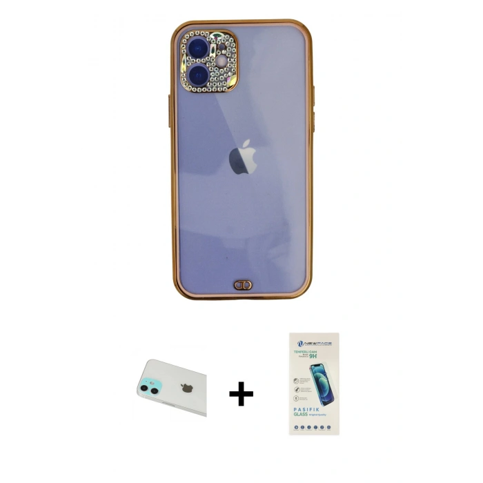 MARSİLYAN™- iPhone 12 Kılıf Eksen Minimal Koleksiyonu - Şeffaf Pasifik Cam Ekran Koruyucu + Rainbow Kamera Lens Koruma Cam - YL