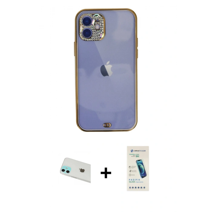MARSİLYAN™- iPhone 12 Kılıf Eksen Minimal Koleksiyonu - Şeffaf Pasifik Cam Ekran Koruyucu + Rainbow Kamera Lens Koruma Cam - YL