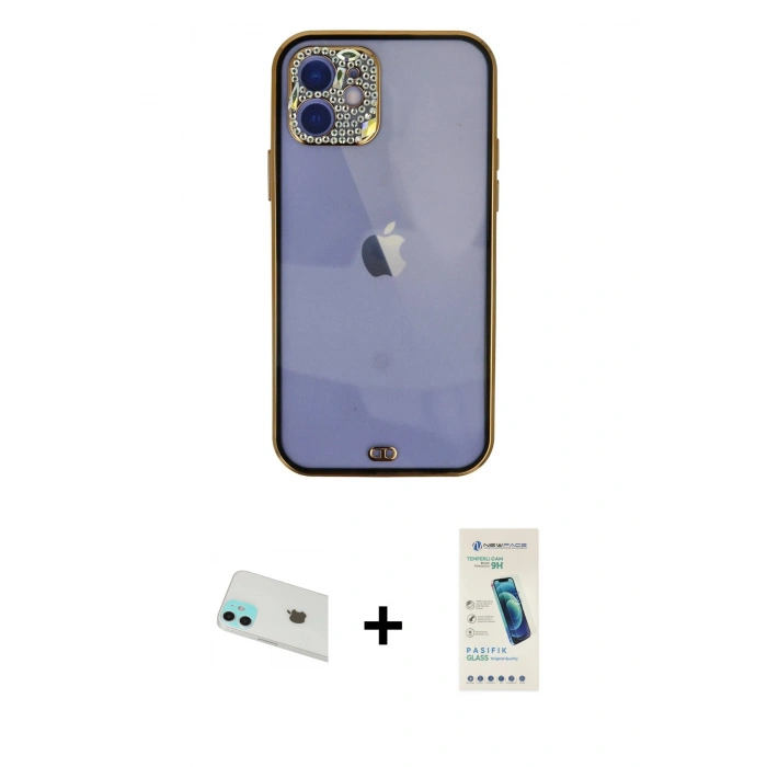 MARSİLYAN™- iPhone 12 Kılıf Eksen Minimal Koleksiyonu - Şeffaf Pasifik Cam Ekran Koruyucu + Rainbow Kamera Lens Koruma Cam - YL