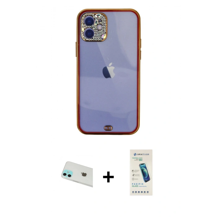 MARSİLYAN™- iPhone 12 Kılıf Eksen Minimal Koleksiyonu - Şeffaf Pasifik Cam Ekran Koruyucu + Rainbow Kamera Lens Koruma Cam - YL