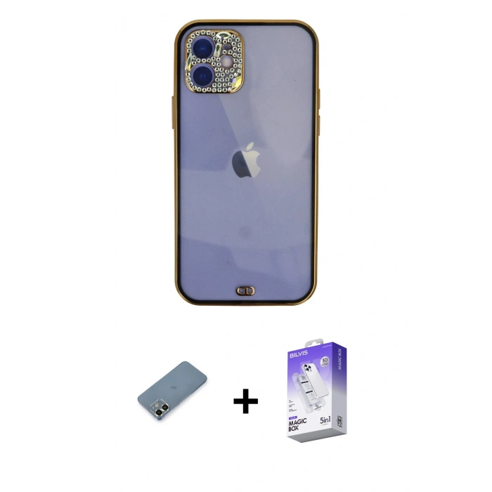 MARSİLYAN™- iPhone 12 Kılıf Eksen Minimal Koleksiyonu - Siyah Bilvis 5in1 3D Magic Cam Ekran Koruyucu + Açık Yeşil Metal Kamera Lens Koruma Cam