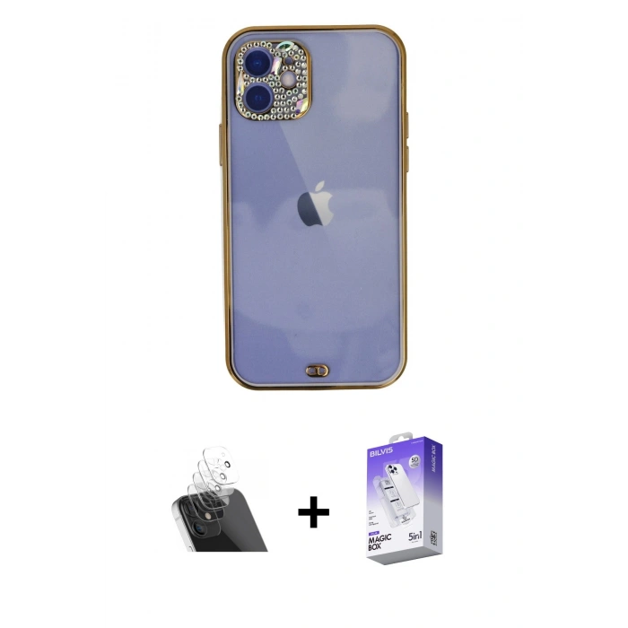 MARSİLYAN™- iPhone 12 Kılıf Eksen Minimal Koleksiyonu - Siyah Bilvis 5in1 3D Magic Cam Ekran Koruyucu + Kamera Lens Koruma Cam - SF