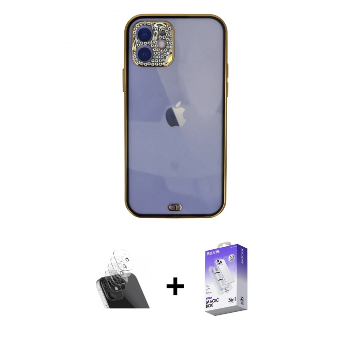 MARSİLYAN™- iPhone 12 Kılıf Eksen Minimal Koleksiyonu - Siyah Bilvis 5in1 3D Magic Cam Ekran Koruyucu + Kamera Lens Koruma Cam - SF