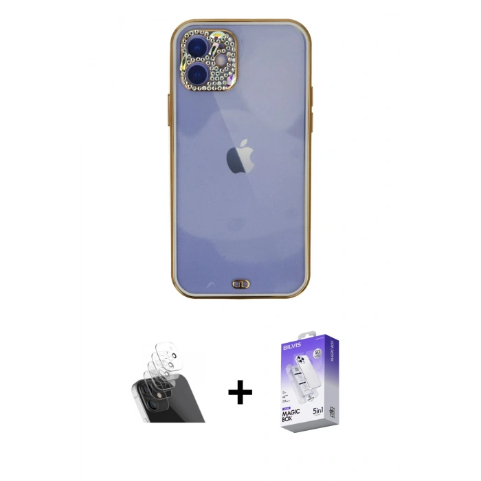 MARSİLYAN™- iPhone 12 Kılıf Eksen Minimal Koleksiyonu - Siyah Bilvis 5in1 3D Magic Cam Ekran Koruyucu + Kamera Lens Koruma Cam - SF