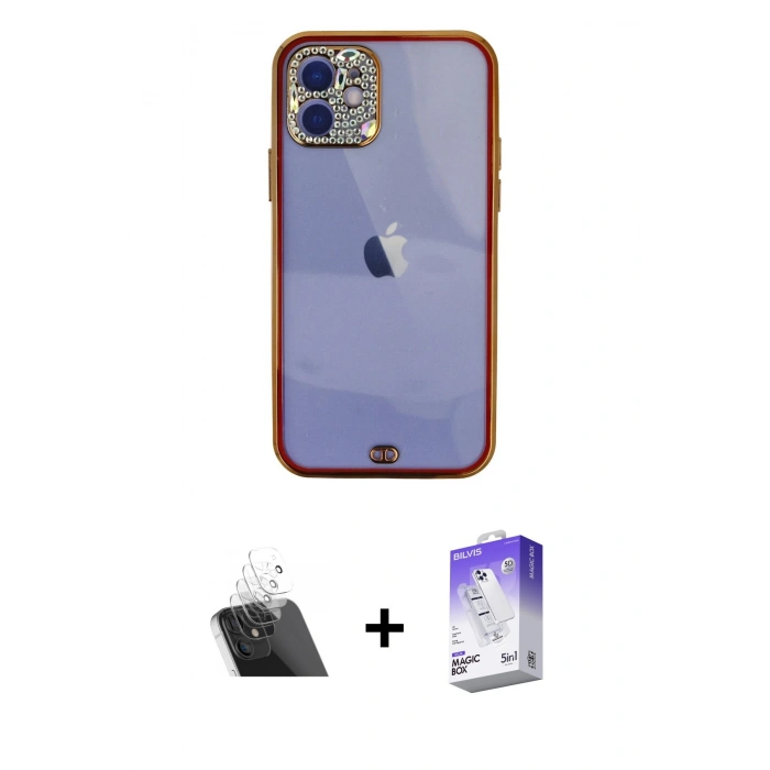 MARSİLYAN™- iPhone 12 Kılıf Eksen Minimal Koleksiyonu - Siyah Bilvis 5in1 3D Magic Cam Ekran Koruyucu + Kamera Lens Koruma Cam - SF