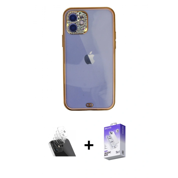 MARSİLYAN™- iPhone 12 Kılıf Eksen Minimal Koleksiyonu - Siyah Bilvis 5in1 3D Magic Cam Ekran Koruyucu + Kamera Lens Koruma Cam - SF