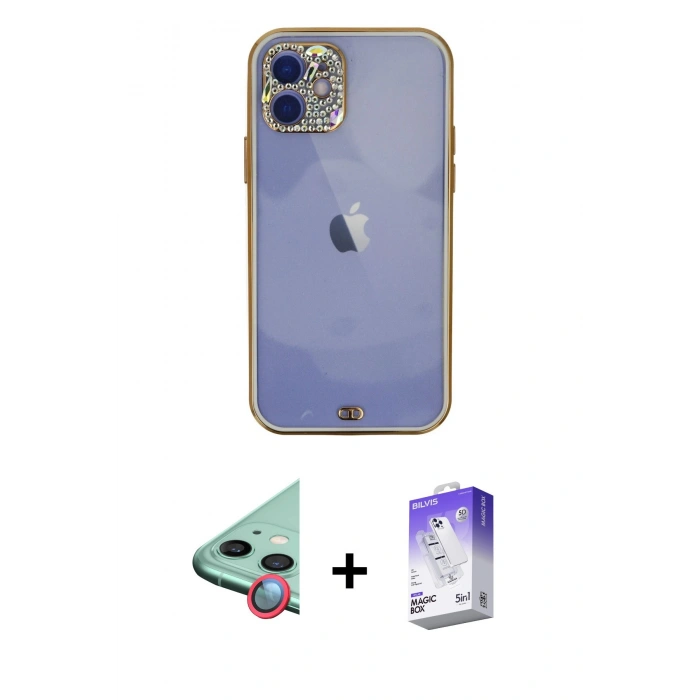 MARSİLYAN™- iPhone 12 Kılıf Eksen Minimal Koleksiyonu - Siyah Bilvis 5in1 3D Magic Cam Ekran Koruyucu + Raze Metal Kamera Lens - KI