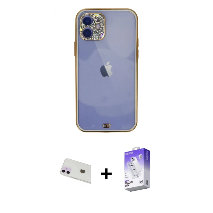MARSİLYAN™- iPhone 12 Kılıf Eksen Minimal Koleksiyonu - Siyah Bilvis 5in1 3D Magic Cam Ekran Koruyucu + Rainbow Kamera Lens Koruma Cam - MR