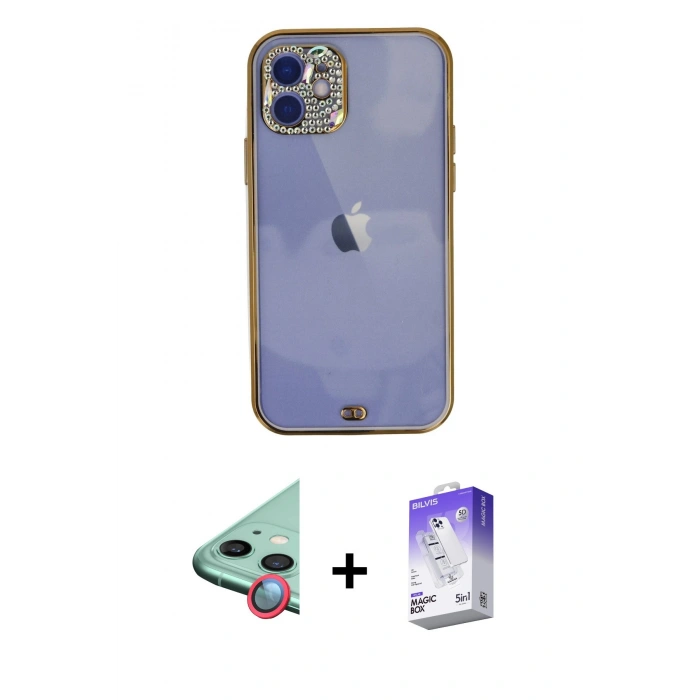 MARSİLYAN™- iPhone 12 Kılıf Eksen Minimal Koleksiyonu - Siyah Bilvis 5in1 3D Magic Cam Ekran Koruyucu + Raze Metal Kamera Lens - KI
