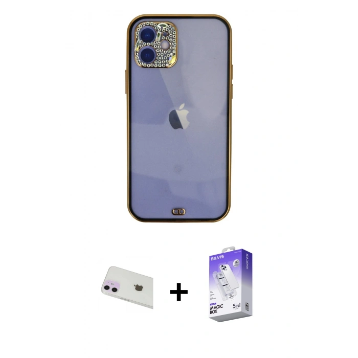 MARSİLYAN™- iPhone 12 Kılıf Eksen Minimal Koleksiyonu - Siyah Bilvis 5in1 3D Magic Cam Ekran Koruyucu + Rainbow Kamera Lens Koruma Cam - MR
