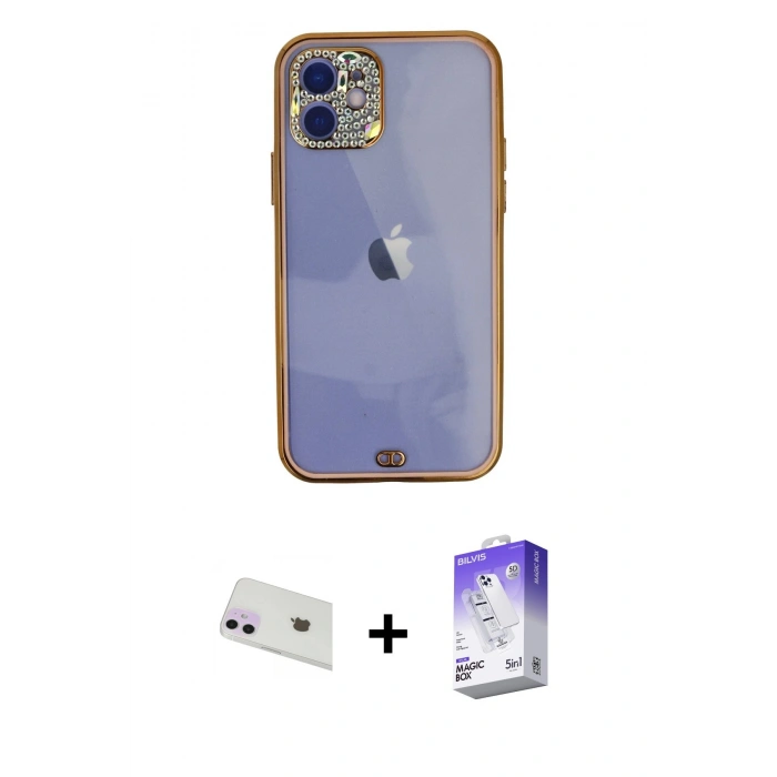 MARSİLYAN™- iPhone 12 Kılıf Eksen Minimal Koleksiyonu - Siyah Bilvis 5in1 3D Magic Cam Ekran Koruyucu + Rainbow Kamera Lens Koruma Cam - MR