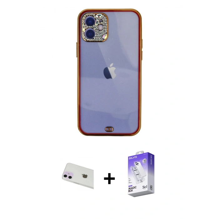 MARSİLYAN™- iPhone 12 Kılıf Eksen Minimal Koleksiyonu - Siyah Bilvis 5in1 3D Magic Cam Ekran Koruyucu + Rainbow Kamera Lens Koruma Cam - MR
