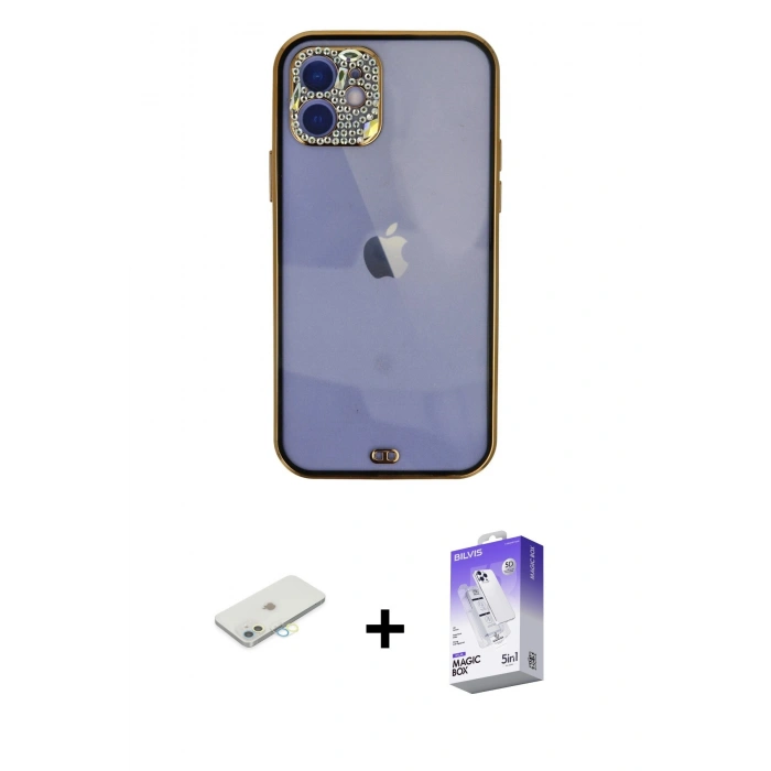 MARSİLYAN™- iPhone 12 Kılıf Eksen Minimal Koleksiyonu - Siyah Bilvis 5in1 3D Magic Cam Ekran Koruyucu + Renkli Kamera Lens Koruma Cam - SI