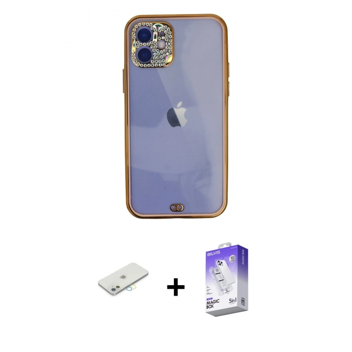 MARSİLYAN™- iPhone 12 Kılıf Eksen Minimal Koleksiyonu - Siyah Bilvis 5in1 3D Magic Cam Ekran Koruyucu + Renkli Kamera Lens Koruma Cam - SI