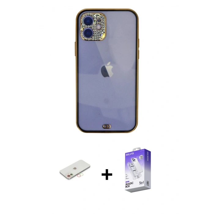 MARSİLYAN™- iPhone 12 Kılıf Eksen Minimal Koleksiyonu - Siyah Bilvis 5in1 3D Magic Cam Ekran Koruyucu + Renkli Kamera Lens Koruma Cam - YL