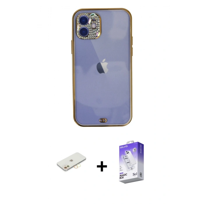 MARSİLYAN™- iPhone 12 Kılıf Eksen Minimal Koleksiyonu - Siyah Bilvis 5in1 3D Magic Cam Ekran Koruyucu + Renkli Kamera Lens Koruma Cam - SI