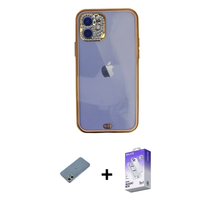 MARSİLYAN™- iPhone 12 Kılıf Eksen Minimal Koleksiyonu - Siyah Bilvis 5in1 3D Magic Cam Ekran Koruyucu + Shine Kamera Lens Koruma Cam - GS