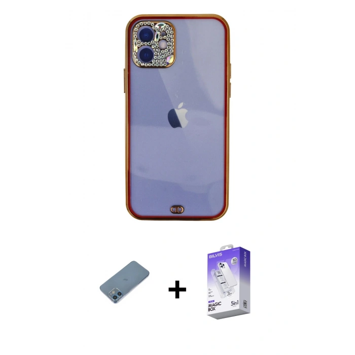 MARSİLYAN™- iPhone 12 Kılıf Eksen Minimal Koleksiyonu - Siyah Bilvis 5in1 3D Magic Cam Ekran Koruyucu + Shine Kamera Lens Koruma Cam - MI