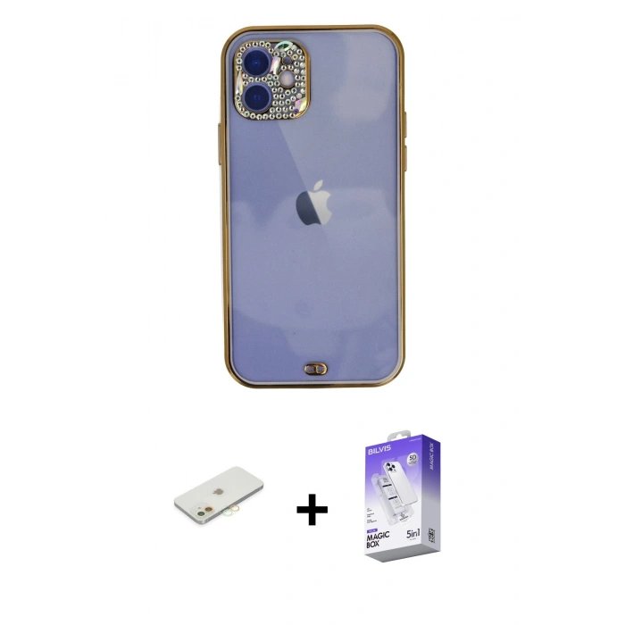 MARSİLYAN™- iPhone 12 Kılıf Eksen Minimal Koleksiyonu - Siyah Bilvis 5in1 3D Magic Cam Ekran Koruyucu + Turuncu Renkli Kamera Lens Koruma Cam