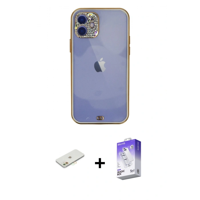 MARSİLYAN™- iPhone 12 Kılıf Eksen Minimal Koleksiyonu - Siyah Bilvis 5in1 3D Magic Cam Ekran Koruyucu + Turuncu Renkli Kamera Lens Koruma Cam