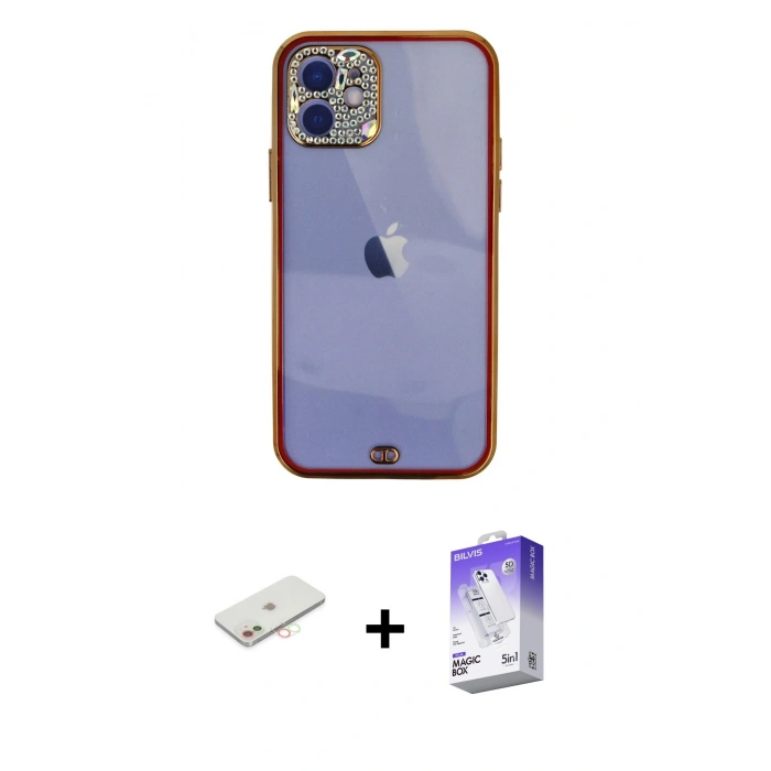 MARSİLYAN™- iPhone 12 Kılıf Eksen Minimal Koleksiyonu - Siyah Bilvis 5in1 3D Magic Cam Ekran Koruyucu + Renkli Kamera Lens Koruma Cam - YL
