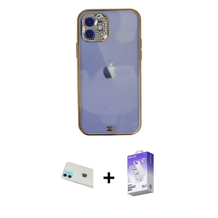 MARSİLYAN™- iPhone 12 Kılıf Eksen Minimal Koleksiyonu - Siyah Bilvis 5in1 3D Magic Cam Ekran Koruyucu + Rainbow Kamera Lens Koruma Cam - YL
