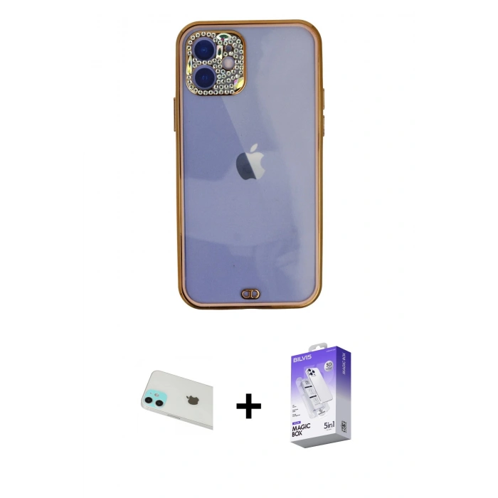 MARSİLYAN™- iPhone 12 Kılıf Eksen Minimal Koleksiyonu - Siyah Bilvis 5in1 3D Magic Cam Ekran Koruyucu + Rainbow Kamera Lens Koruma Cam - YL