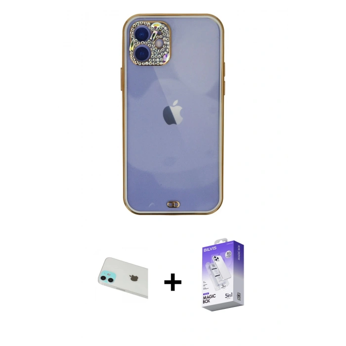 MARSİLYAN™- iPhone 12 Kılıf Eksen Minimal Koleksiyonu - Siyah Bilvis 5in1 3D Magic Cam Ekran Koruyucu + Rainbow Kamera Lens Koruma Cam - YL