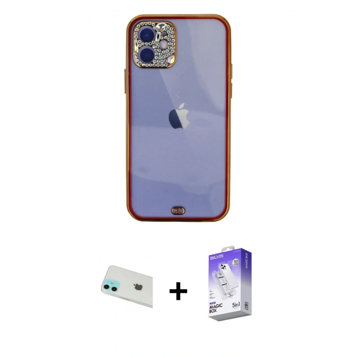 MARSİLYAN™- iPhone 12 Kılıf Eksen Minimal Koleksiyonu - Siyah Bilvis 5in1 3D Magic Cam Ekran Koruyucu + Rainbow Kamera Lens Koruma Cam - YL